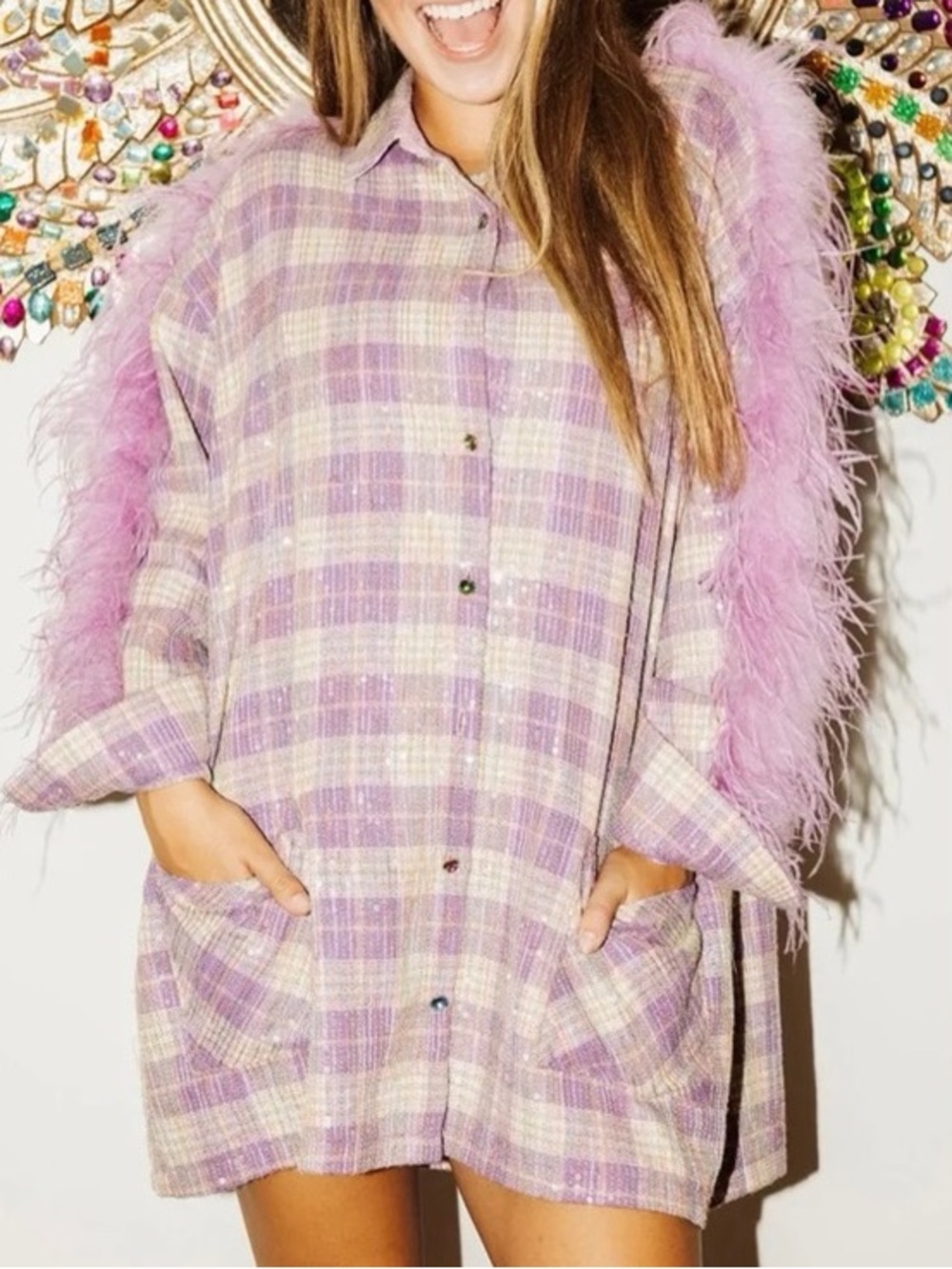Queen of Sparkles | Pink Flannel Feather Dress | Size Small